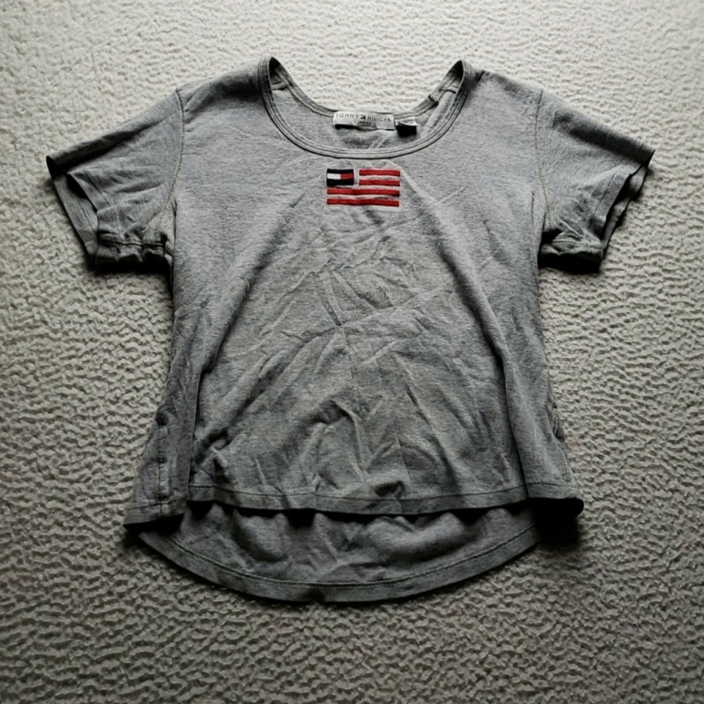 Tommy Hilfiger Shirt Womens XL Gray Cotton Scoop Neck Short Sleeve Flag T Shirt